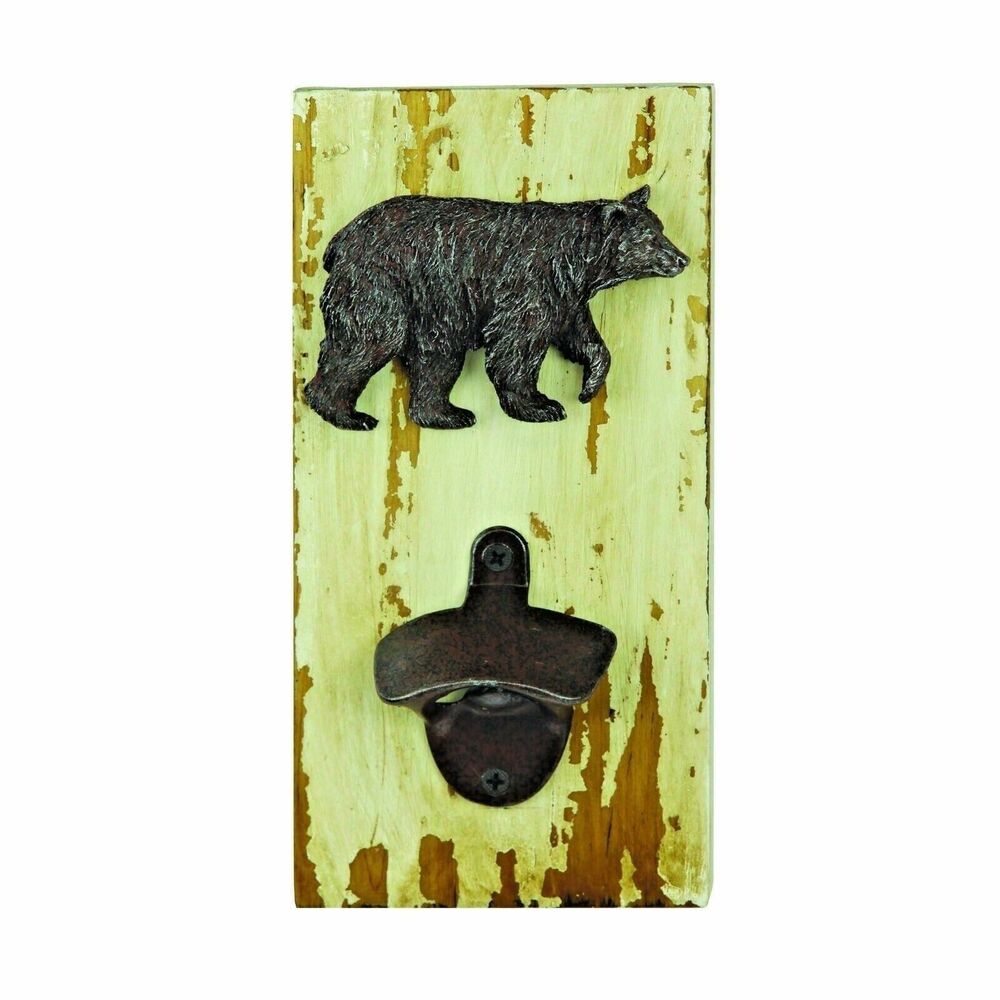 River's Edge Bear Bottle Opener Wall Mount Tan Wood Rustic Barware 4.5 x 9-in